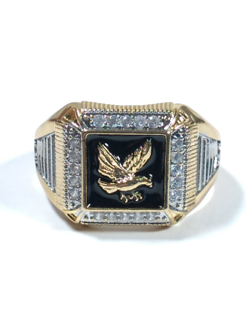 Mens 18k Yellow Gold Plated Flying Eagle CZ Ring Biker Jewelry Patriotic Gift